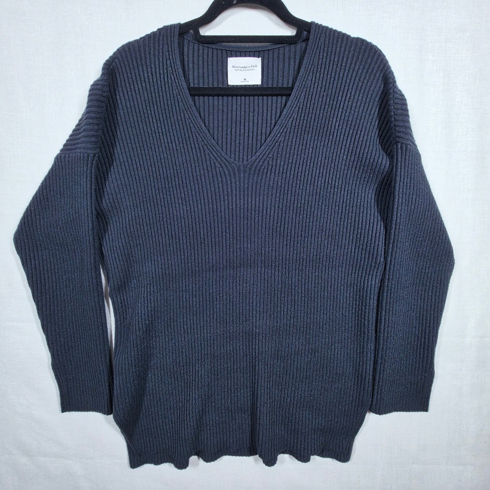 Abercrombie Fitch Sweater Women Medium V Neck Ribbed Oversized Cozy Slit